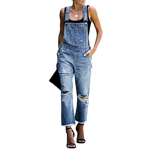 luvamia Women's Casual Stretch Adjustable Denim Bib Overalls Jeans Pants Jumpsuits Large B Blue Tides