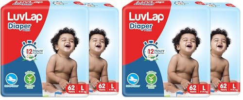 Image of LuvLap Diaper Pants Large (LG) 9 to 14Kg, Super Jumbo Pack, 124 Count (62 X2), Baby Diaper Pants, with Aloe Vera Lotion for rash protection, with upto 12 Hour protection (62 Count, Pack of 4)