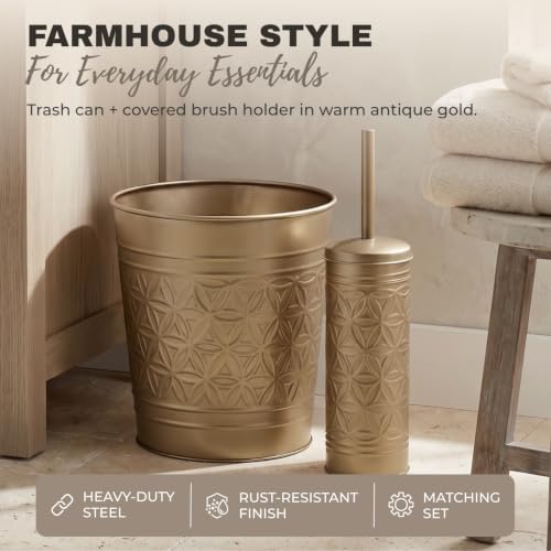 Image of Autumn Alley Farmhouse Antique Gold Bathroom Accessories Set - Includes Gold Bathroom Trash Can & Toilet Brush with Holder, Handcrafted Modern Waste Bin & Standing Toilet Brush, Embossed Metal Decor