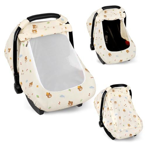 Image of Hooyax Muslin Car Seat Cover Baby - Breathable and Privacy Car Seat Canopy with 3 Modes - Easy Install & Gift Box Packaging, Universal Fit for Infant Car Seats, Bear