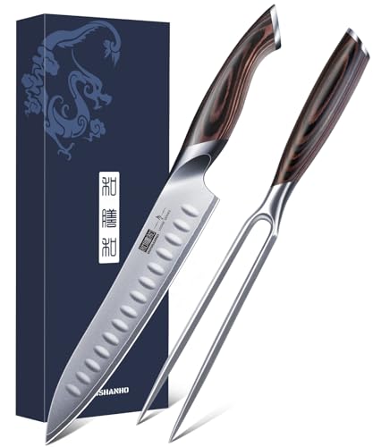 HOSHANHO 8 Inch Carving Knife & 7 Inch Fork Set, Professional Japanese High Carbon Steel Razor Sharp Butcher Brisket Slicing Knife Set for Meat Cutting, BBQ