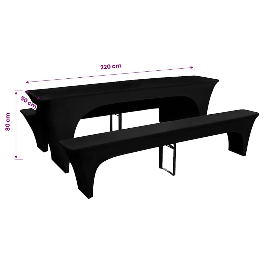 Mangloder 3 Schonbezüge für Biertisch und Bänke Stretch Schwarz 220 x 50 x 80 cm, elastisch rutschfest waschbar kratzfest, schutzhülle für hochzeit party universal