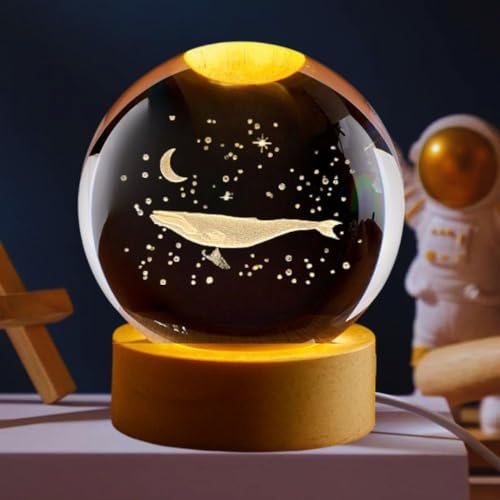Image of Fish 3D Crystal Ball Night Light with LED Wooden Stand - Glass Sphere Aquarium Style Lamp for Room Decor & Unique Gifts