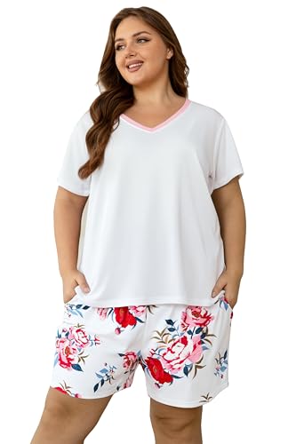 Image of Vozanet Women's Short Sleeve Top and Shorts Pajama Sets Plus Size V Neck Colorful Flower Nighty Loungewear With TWO Pockets