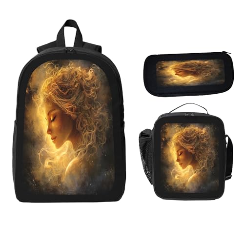 3PCS Backpack for Women Men With Lunch Box Pencil Bag 17 Inch Lightweight Adjustable Strap Back Pack 3 In 1 Set Painting Woman Elegant Daypack Unisex Fit Travel Work Camping