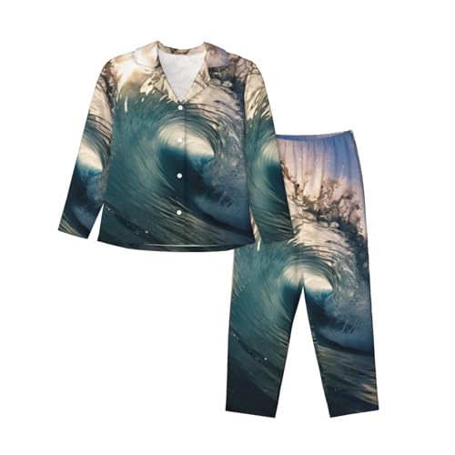 Ensemble pyjama 2 pièces imprimé vagues vêtement nuit manches longues femme
