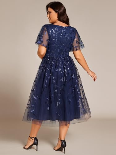 Image of Ever-Pretty Womens Embroidered Tulle Plus Size Cocktail Evening Party Dress A-Line Midi Wedding Guest Dresses for Curvy Women