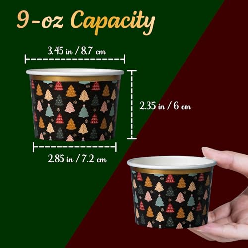 Image of Confettiville Paper Ice Cream Cups, 50-Count 9-Oz Disposable Dessert Bowls for Hot or Cold Food, 9-Ounce Christmas Party Supplies Treat Cups, Christmas Trees, Gold Foil