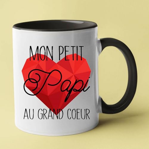 Taza personalizada con mensaje papi en francés 'Mon Petit Papi au Grand Coeur', taza blanca y negra con corazón rojo
