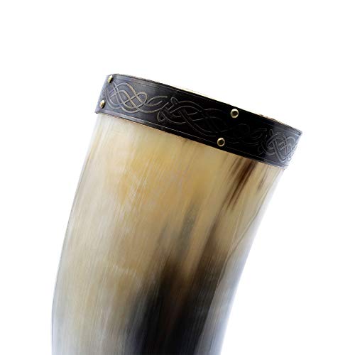Norse Tradesman Genuine 20" Ox-Horn Viking Drinking Horn With Horn Stand & Brass Wolf Adornments | Burlap Gift Sack Included | "The Fenrir", Polished, 20-Inch