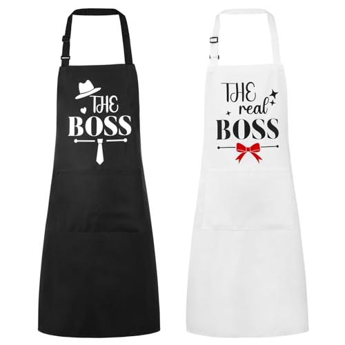 Xlsxexcl Funny Couple Aprons The Boss The Real Boss Apron Set His And Hers Aprons Adjustable Kitchen Apron With Pockets Engagement Anniversary Wedding Valentines Day Bridal Shower Gift