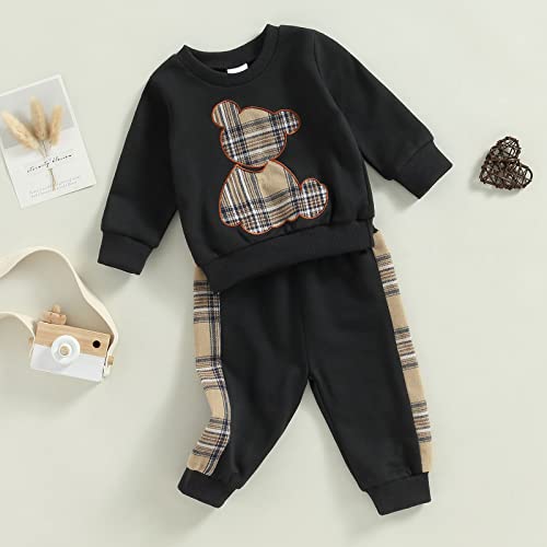 Infant Todder Unisex Baby Autumn Clothes Outfits Long Sleeve Plaid Bear Pattern Pullover Sweatshirt Tops Pants Set3