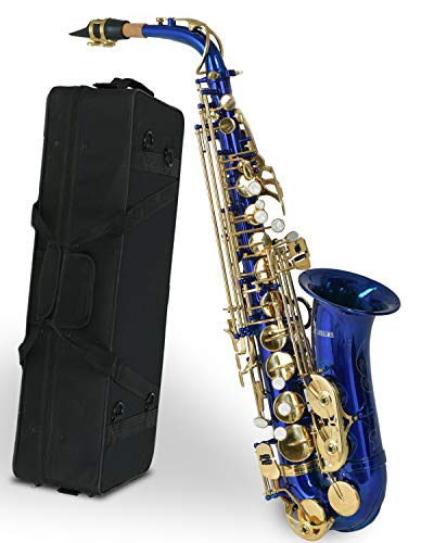 LAGRIMA Bb Alto Saxophone, Brass Body Mother-of-pearl Buttons, Carrying Case, Reed, Mouthpiece, Throat Pad, Neck Strap, Gloves and Cleaning Cloth (Blue)