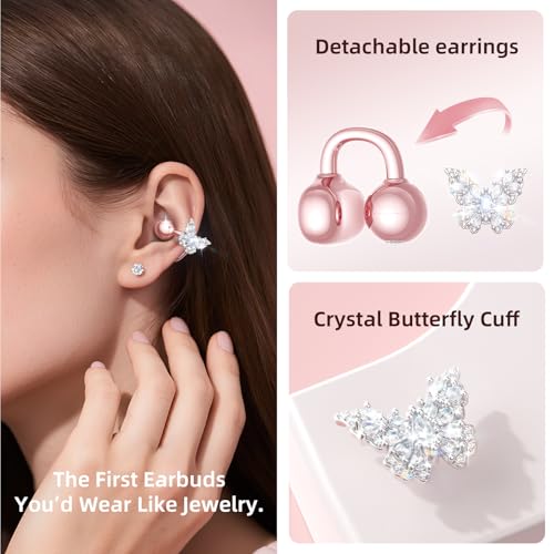 Image of Kinglucky Gen2 Clip-On Open Ear Earbuds with Detachable Sparkle Butterfly Earrings, Bluetooth Wireless Headphones for Women, 50H Playtime, Comfortable Fit for Small Ears, Easy Storage Case,Transparent