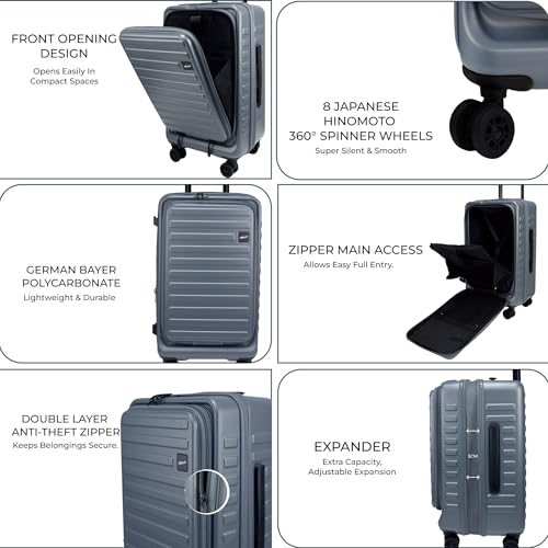 Image of F Gear Windsor Front-Opening Small Trunk-Style Hard Luggage |Hinomoto Wheels, German Makrolon Polycarbonate, Cabin Suitcase for Travel| Laptop sleeve, Expandable & Anti-Theft Zipper (Stone Blue, 56cm)