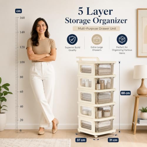 Image of Heavy Duty Plastic Storage Drawer with Wheels | Modular Cabinet for Bedroom, Office, Home or Classroom| Chest of Drawers Organiser for Cosmetics, Kitchen items, Toys (White Transparent, 5)
