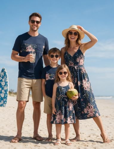 Image of PATPAT Family Matching Outfits Mommy and Me Dresses Hawaiian Tropical Vacation Beach Spaghetti Strap Dress and Shirt