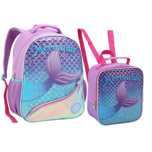 Kit Mochila De Costa Escolar Feminina Com Lancheira Estampa Sereia