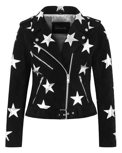 Carrie CH Hoxton Women's Brando Style Biker Suede Leather Jacket Black Silver Star Patches Jacket (US, Numeric, 4, Regular, Regular, Black Suede Silver Stars)