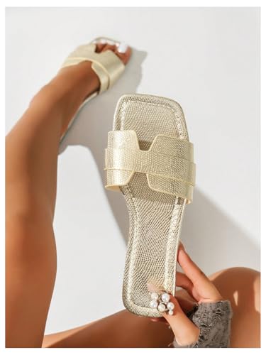 GORGLITTER Women's Gold Flat Sandals Dressy Metallic Leather Square Toe Summer Beach Slip on Slides 20252