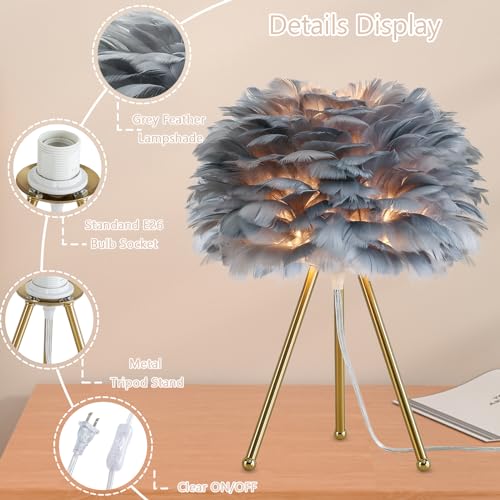 Capslpad 15.3" Feather Tripod Table Lamp - Grey Modern Desk Lamp With Gold Finish for Living Room, Kids, Bedroom, Nursery, Girls Decor - Small Bedside Nightstand Lamp — view 3