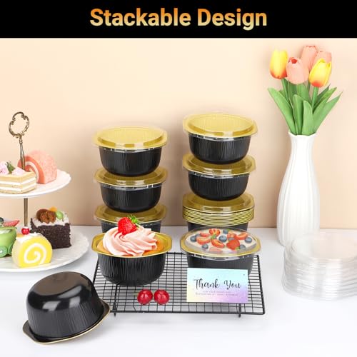 Beasea Disposable Ramekins with Lids, 15 Pack 15oz 445ml 4 Inch Disposable Round Aluminum Foil Cups Cupcake Mini Pudding Desserts Baking Cups for Party Business Individual Serving - Black Gold by Beasea - Used condition - Image 4