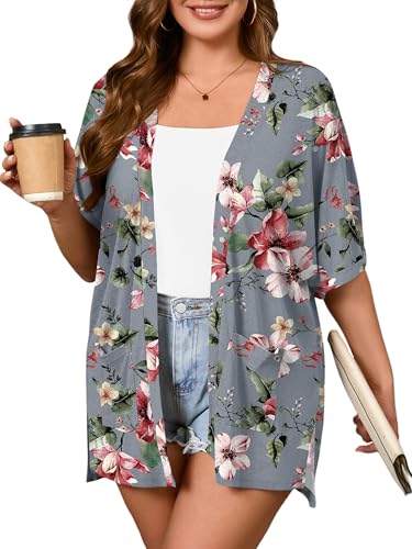 Image of AusLook Plus Size Cardigan for Women Short Sleeve Lightweight Open Front Shrug with Pockets for Dresses and Layering 1X-5X