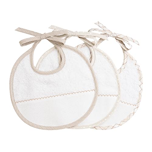 Filet - Set de 3 Baberos Bebè Redondos en Esponja de Algodón Blanco con Bolsillo de Tela Aida para Bordar, Protege los Vestidos Contra Jalea y Saliva, 100% Made in Italy, Color Blanco y Beige
