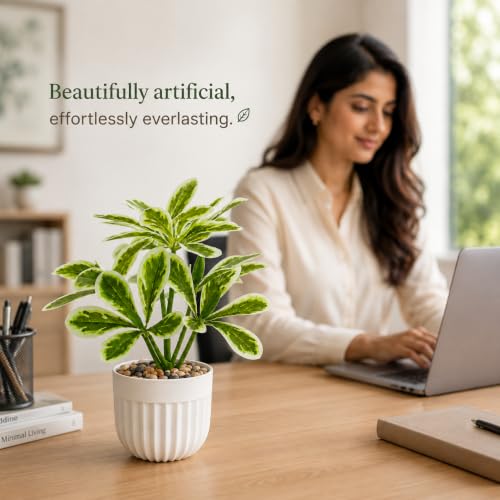 Image of CURATED CART Artificial Plant with Pot for Living Room, Home Decor, Office Tabletop & Indoor Decor, Fake Small Plant, Green Leaves Potted Plant, 24cm, Pack of 1