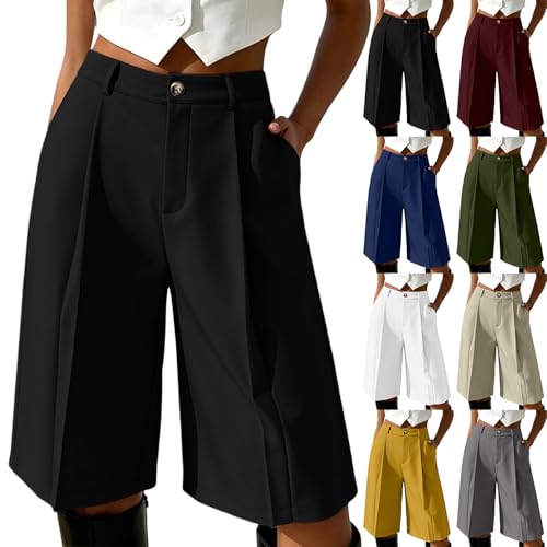 Générique Bermuda Chic Femme Taille Haute Short Long Plissé Fluide avec Poches Jupe Culotte Ample Bouton Costume Élégant Coupe Droite Vêtement Mode...