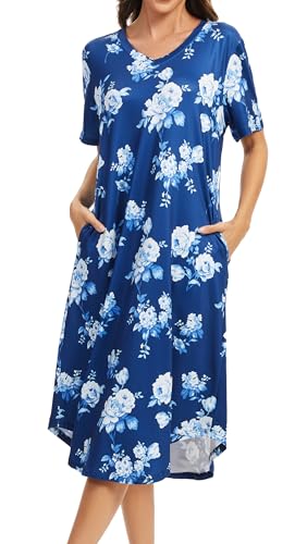 Image of Kabento Nightgowns for Women Cotton Short Sleeve Long Night Gowns with Pockets