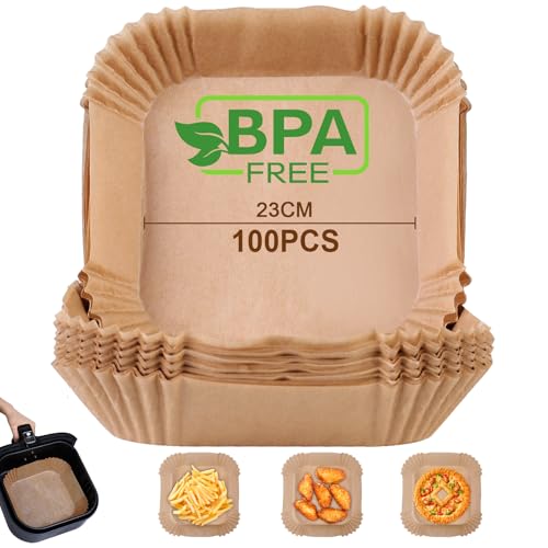 AiQInu Papel de Freidora Aire Cuadrado, 100 Piezas, 23 cm, Food-Grade BPA Free, Desechable para 3-8L de Aceite Antiadherente