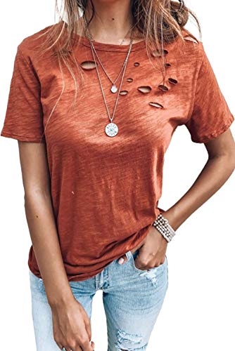 Shirts for Women Trendy Short Sleeve Tee Shirts Summer Casual Loose Fit Solid Holes Round Neck Cotton Mixed T-Shirts Orange S