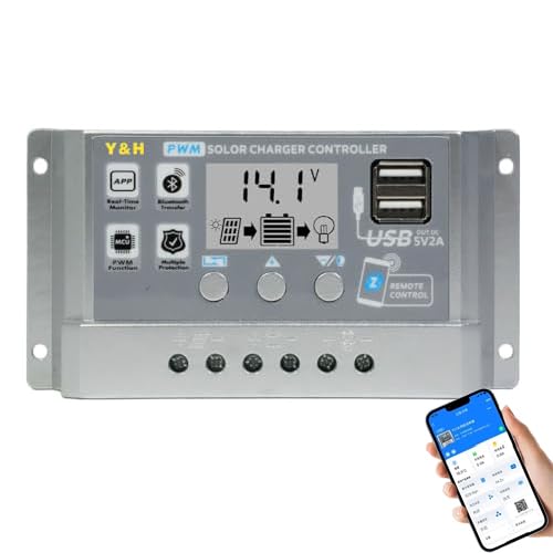 Y&H Regulador de carga solar, 30 A, PWM, 12 V, 24 V, panel solar, regulador de carga con pantalla LCD, comunicación por aplicación, doble USB, arranque de batería 0 V, voltaje de carga ajustable