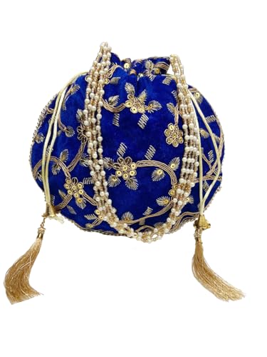 BYRA Velvet Sequence Bridal Potli Bag with Pearl handle and Thread Latkan