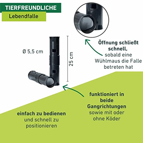 Windhager Wühlmausfalle Tube, Maulwurffalle, Lebendfalle, Tier e Röhrenfalle, Lebendfang, Maulwürfe und Wühlmäuse einfach fangen, 5,5 x 25 x 5,5 cm, 05363, Schwarz