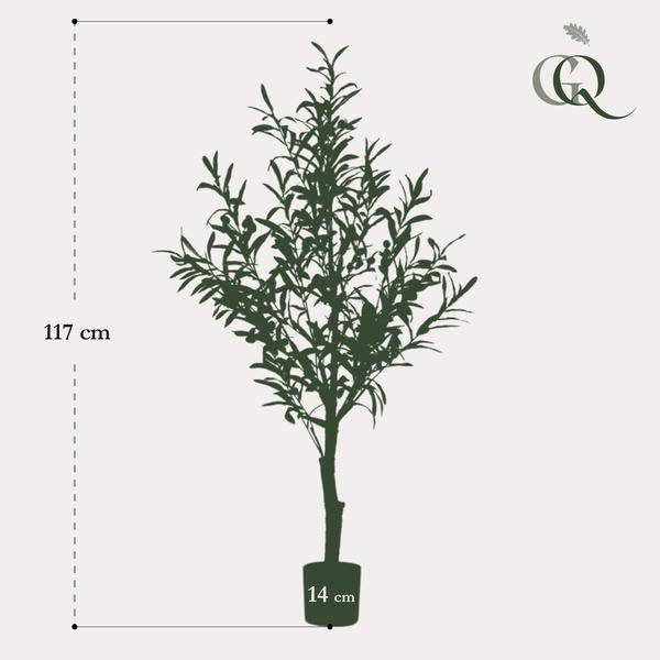 Sztuczna roślina oliwna – Olea Europaea – 115 cm – wysokiej jakości sztuczne drzewo z realistycznymi liśćmi i oliwkami – wiecznie zielona roślina dekoracyjna do wnętrz – salon, ogród zimowy i biuro