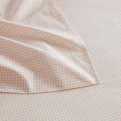 Image of Martha Stewart - Queen Size Sheets Set, Crisp & Tailored Cooling Sheets w /a Naturally Smooth Cotton Percale Lightweight Feel - Bed Sheets with Matching Pillowcases & Fitted Sheet (Small Gingham Pink)