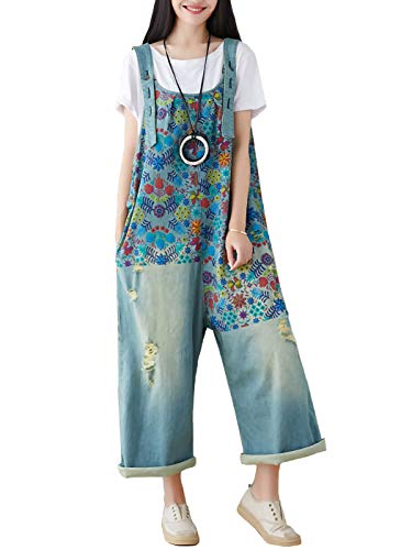 ANNA-KACI Women's Loose Baggy Denim Wide Leg Print Distressed Jumpsuit Rompers Overalls, Light Denim