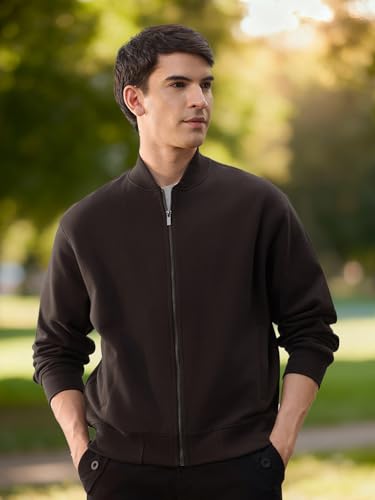 Image of Nobero Men's Premium Fleece Bomber Jacket | 280 GSM Fabric | Regular Fit Zip-Up Outerwear | Shirt Collar | Ribbed Cuffs & Hem | Casual Winter Layering Jacket