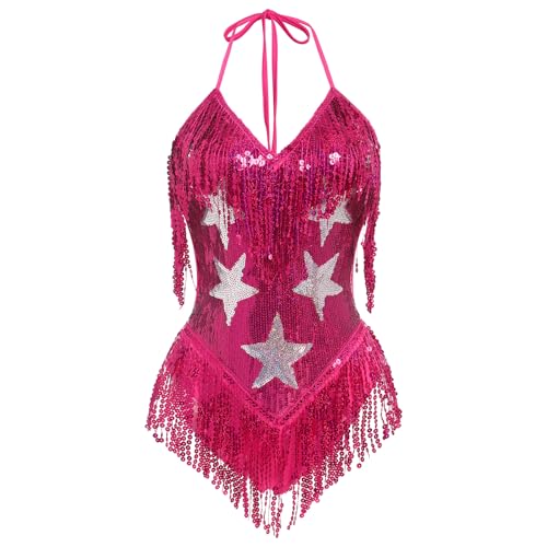 EFOGEP Damen Musik Festival Bodysuit: Sexy Halter V Ausschnitt Stern Pailletten Fransen Karneval Rave Outfit Tanz Trikot Party Nachtclub Halloween...