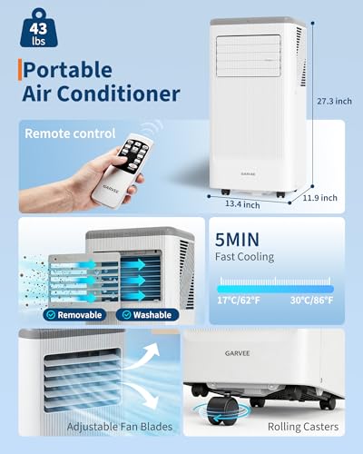 Image of Garvee 8000BTUs Portable Air Conditioner with Remote Control,350 Sq.Ft Max. 48dB Portable AC Unit, Dehumidifier, Fan, Sleep, 24H Timer&Installation Kit, DOE Certified, Ceer 6.2,White+Grey