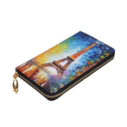 paris eiffel tower painting Wallet for Men Women Long Purse Leather Clutch Large Business Handbag Travel Phone Holder Credit Card Holder Money Case with Zipper Leather Wallets Gift3