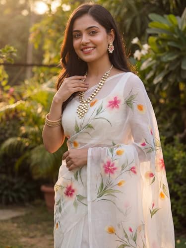Image of AKHILAM Women's Cotton Saree with White Daisy Floral Prints Tassel Pallu Lightweight Summer Saree