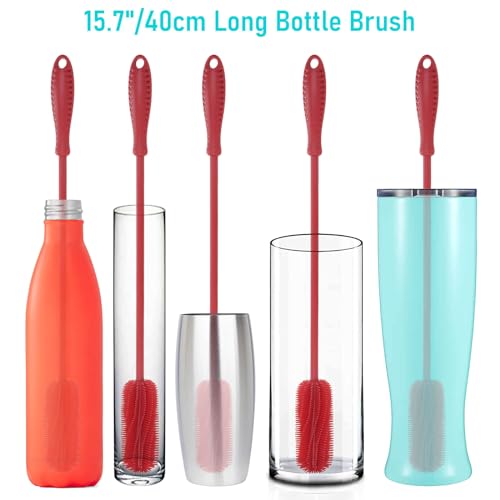 Image of 15.7 inch Silicone Bottle Brush, ddLUCK Water Bottle Cleaner Brush for Stanley, Hydroflasks, Glass, Thermos Sports Bottle, Vase and Glassware, Bottle Brush Cleaner for Small Narrow Neck Containers (Red)