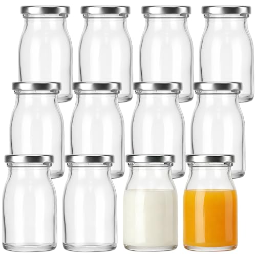 saerryor 12 Pack Glass Shot Bottles With Lids 3.4oz/100ml Mini Milk Bottles Small Glass Bottle For Juice Jam Ginger Oils Liquor Sauces