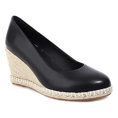 VOKLIN Women's Round Toe Espadrilles Wedge Pumps Slip On Leather Casual Platform High Heels Pump Dress Shoes