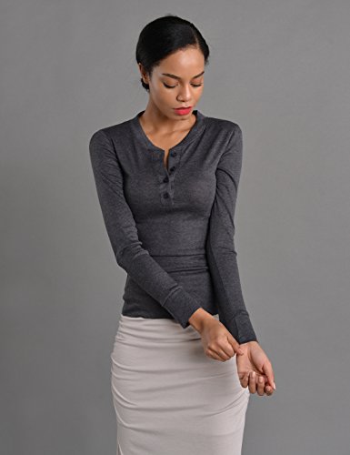 NEARKIN (NKNKWBT68 Beloved Womens Slim Cut Raw Edge Long Sleeve Henley Tshirts Charcoal US L(Tag Size XL)