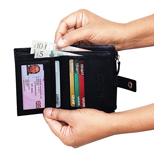 Image of Zipper Genuine Leather Wallet for Men, RFID Safe Full Grain Leather Handcrafted Front Pocket with Detachable Cardholder