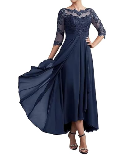Image of GDJDIFK Lace Applique Chiffon Mother of The Bride Dresses - 3 /4 Sleeves Tea Length Ruched Waist Formal Gown for Wedding Guest Mauve